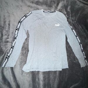 Puma Light Gray Long Sleeve Shirt with Logo Tape Sleeves EUC!